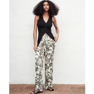 Zara Black and White Satin Paisley Trousers
